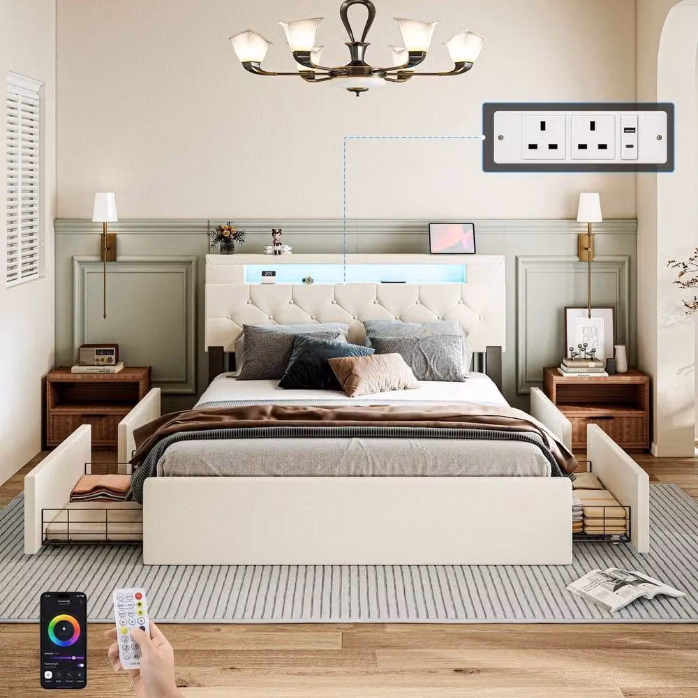 SPETLEK Upholstered Storage Bed Frame with Drawers in White, 140 x 200 cm – 2