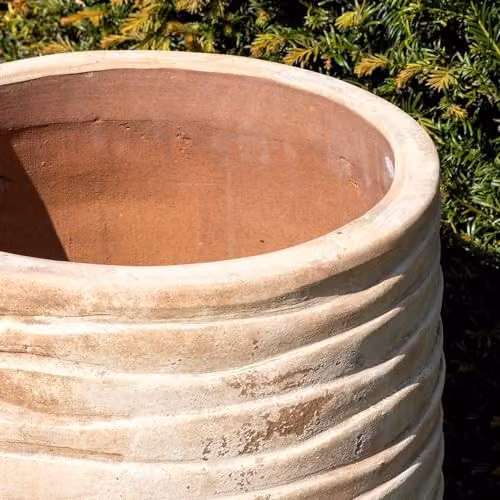 Primrose Tall Round Ribbed Terracotta Planter in Beige, Height: 59 cm – 5