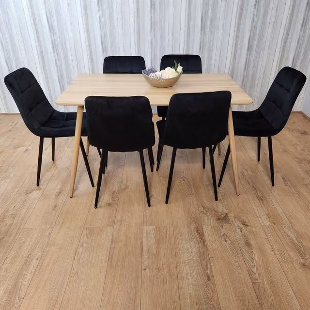 Kosy Koala Oak Effect Rectangle Dining Table and 6 Black Velvet Tufted Chairs Dining Set, W/D/H: 180 x 90 x 75 cm