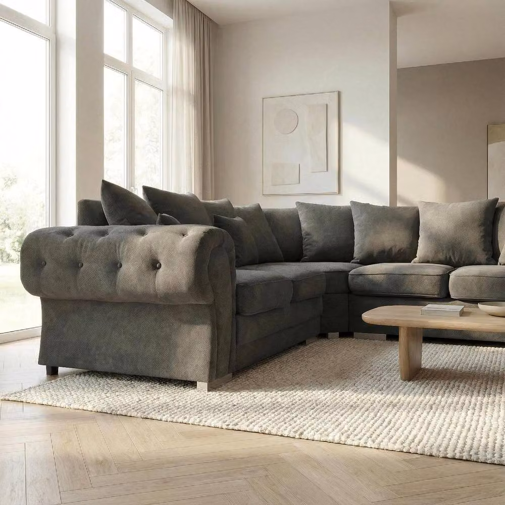 Abakus Direct Verona L-Shape Corner Sofa in Grey with Chesterfield Button Detail and Solid Wood Frame – 2