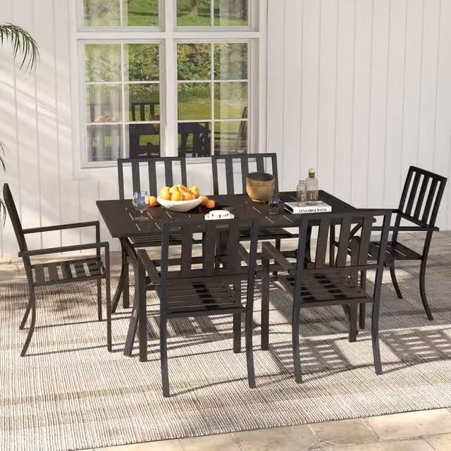 Outsunny 7 Piece Modern Patio Dining Set with Rectangular Glass Table and Chairs in Black
