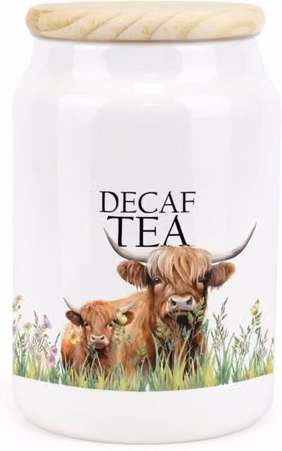 Purely Home Highland Cow and Calf Ceramic Decaf Tea Storage Canister in Brown and White with Floral Detail