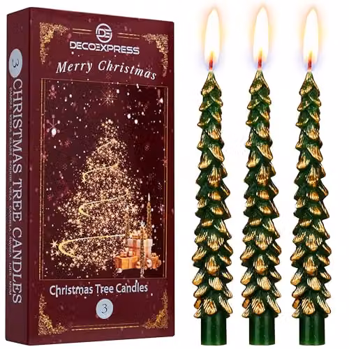 Deco Express Christmas Tree Dinner Candle Set in Green and Gold – 1