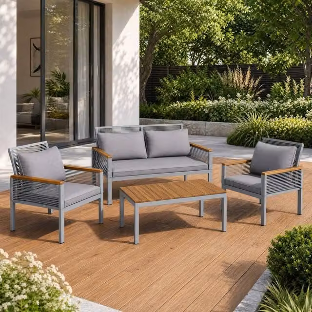 STILVORA Modern Grey Sofa Set with Acacia Wood and Steel Structure – 1