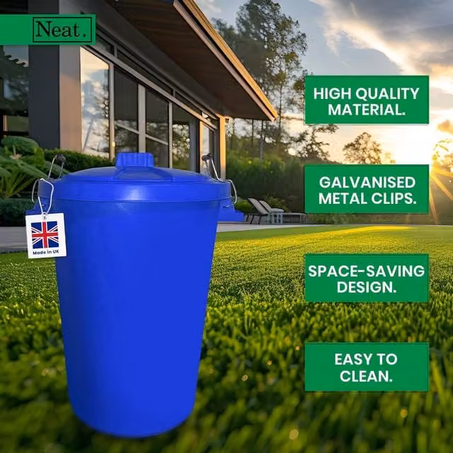 Neat. 90L Heavy Duty Plastic Kitchen and Garden Dustbin with Metal Handle and Flip Lid, Dark Blue