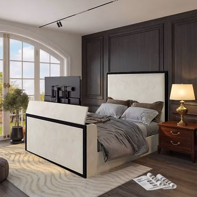 KDMD Adsborough Upholstered Electric Media TV Bed Frame in Black and White, Double Size – 1