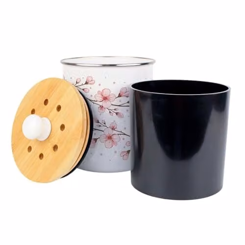 Purely Home Pink Cherry Blossom Metal Food Waste Caddy with Removable Inner Bucket and Odour Filter, 2L, W: 22.5 cm, D: 16.5 cm, H: 22.5 cm – 2