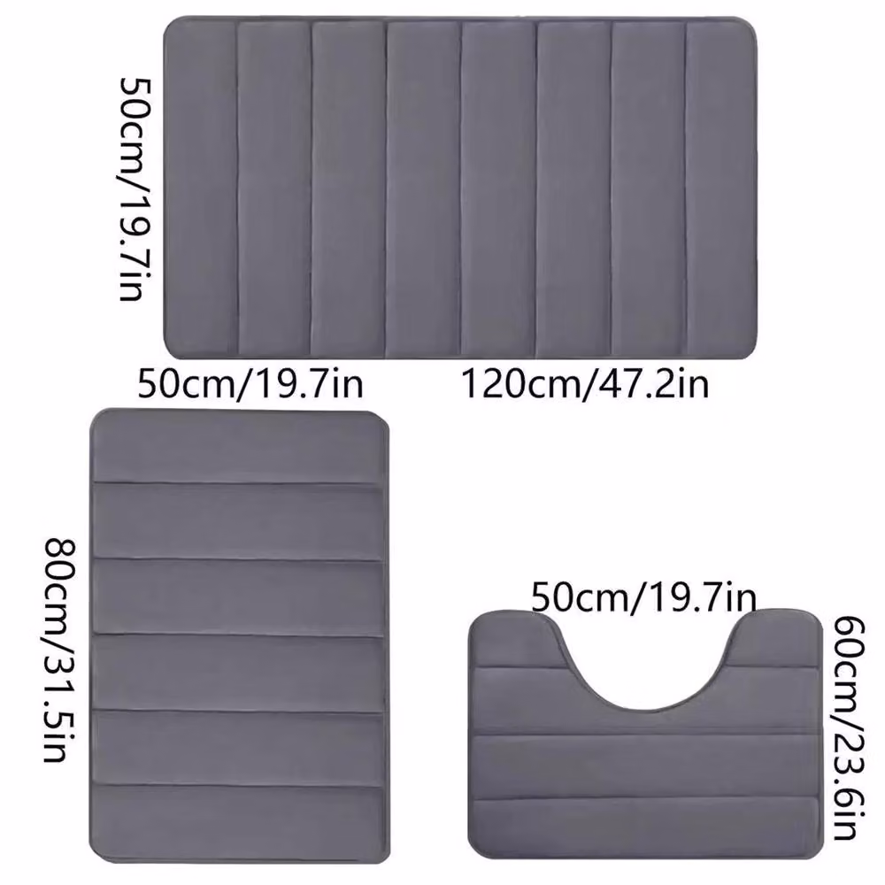 FLAVORA Grey 3-Piece Striped Memory Foam Bath Mat Set, Non-Slip and Quick-Drying – 3
