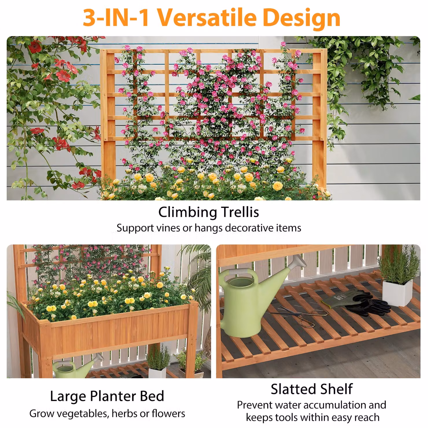 Gymax Wooden Elevated Planter Box with Trellis and Shelf in Brown, W/D/H: 150 x 59 x 109 cm – 7