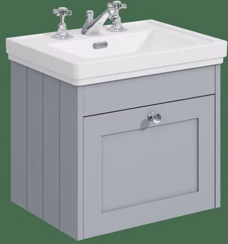 Balterley 500mm Wall Hung 1 Drawer Unit and Classic 3 Tap Hole Basin in Satin Grey – 1