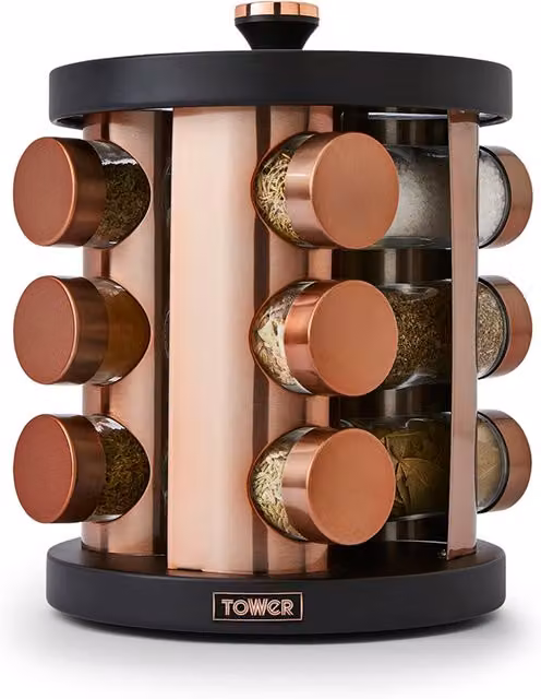 Tower Cavaletto Rotating Spice Rack with 12 Glass Jars in Black and Gold