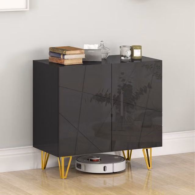 HOMCOM Modern High Gloss Freestanding Storage Cabinet with 3 Doors in Black and Gold