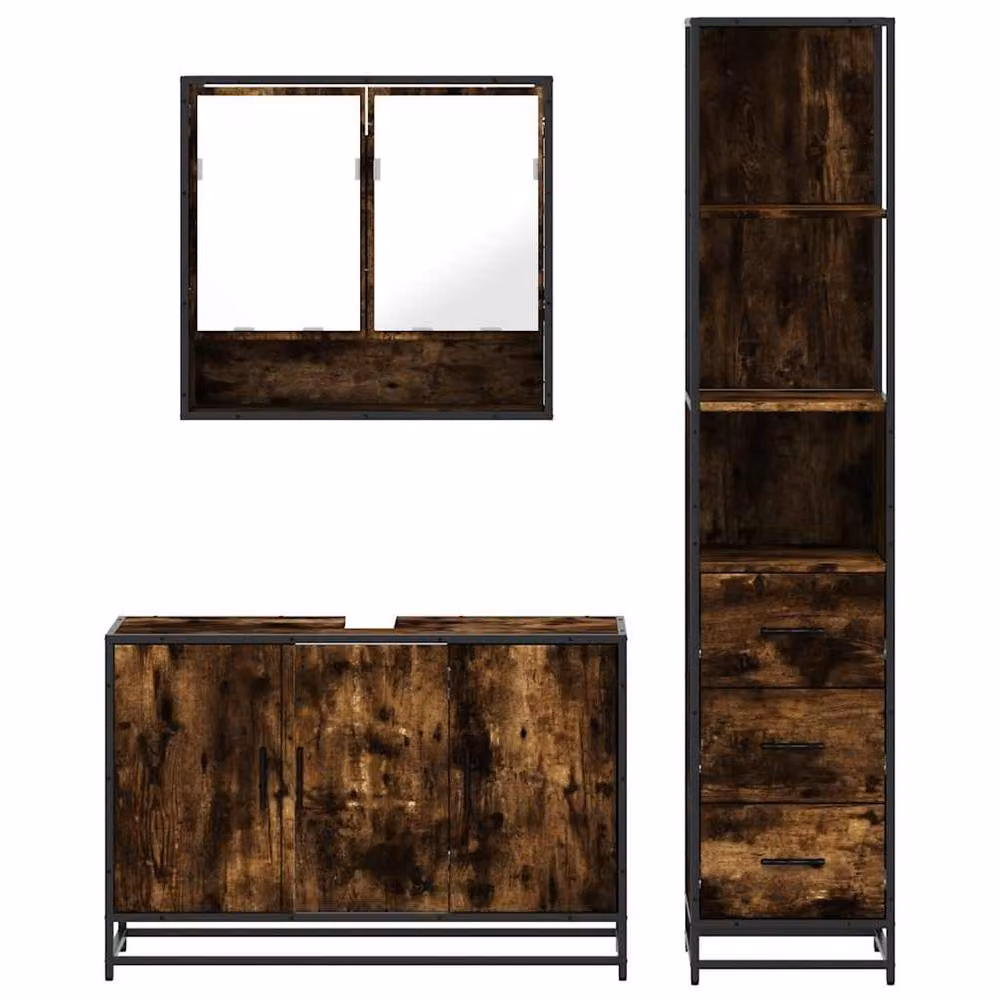 Berkfield Home 3 Piece Industrial Bathroom Furniture Set in Brown Smoked Oak – 3