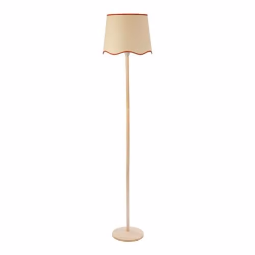 ValueLights Triston Natural Wood Floor Lamp with Scallop Trim Shade in Burnt Orange