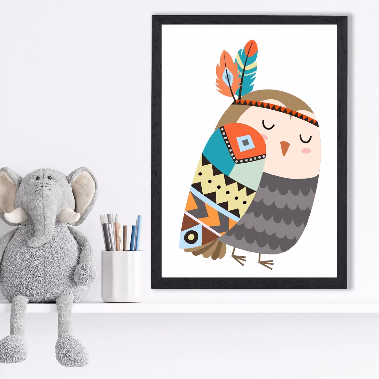 ARTZE Owl Tribal Animal Framed Print, Grey and Multicolour, A2 – 2