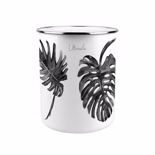 Purely Home Painted Leaves Metal Utensil Holder in Black and White, W: 18 cm, D: 16.5 cm, H: 16.5 cm – 1