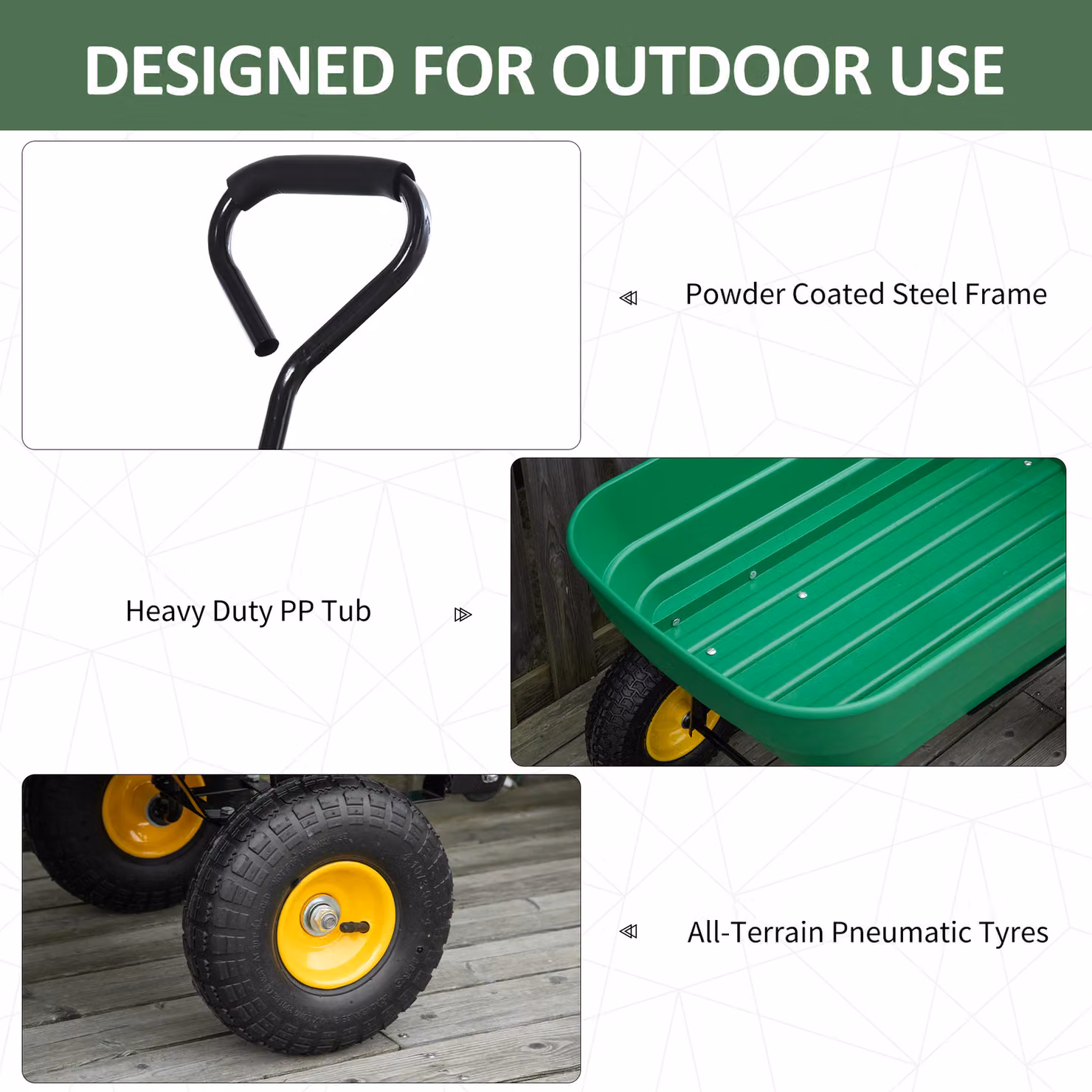 Outsunny 125L Heavy Duty 4 Wheel Garden Trolley Tipping Cart in Green – 5