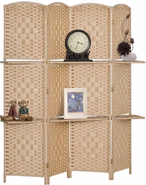 HOMCOM Freestanding Boho Privacy Screen in Beige with Rattan and Pine Wood, W: 160 cm, H: 170 cm