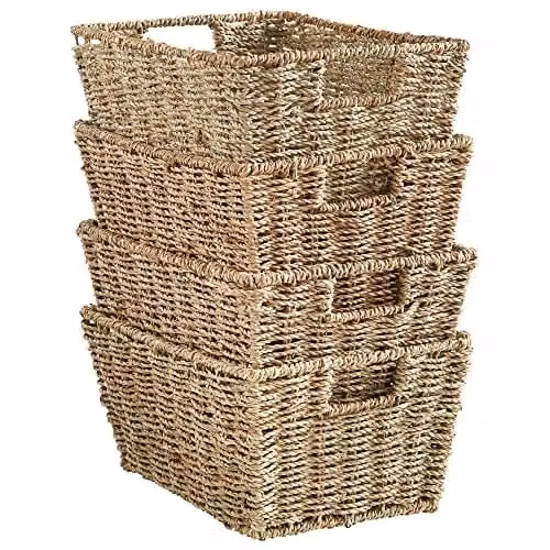 VonHaus Seagrass Storage Baskets, Set of 4, Beige and Brown, W/D/H: 22.0 x 15.0 x 30.0 cm – 1