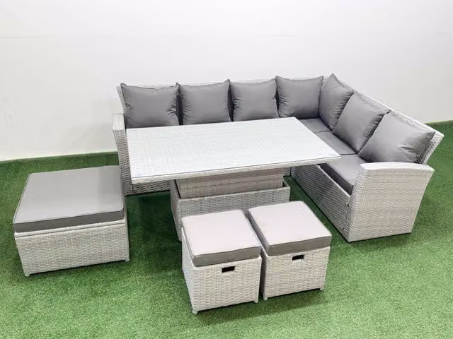 Fimous 9 Seat Rattan Garden Furniture Corner Sofa Set with Armchair and 3 Stools in Light Grey