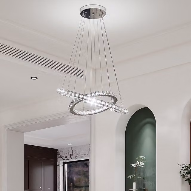 Komore Multi-Ring Adjustable Crystal LED Chandelier in Chrome and Transparent with Cool White Light, Diameter: 120 cm