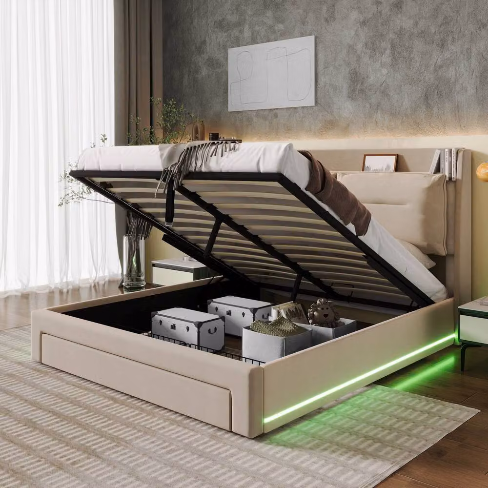 Merax Double Velvet Ottoman Storage Bed with LED Under-Bed Lighting and Cushion Headboard in Beige, W/D/H: 140 x 200 x 135 cm – 3