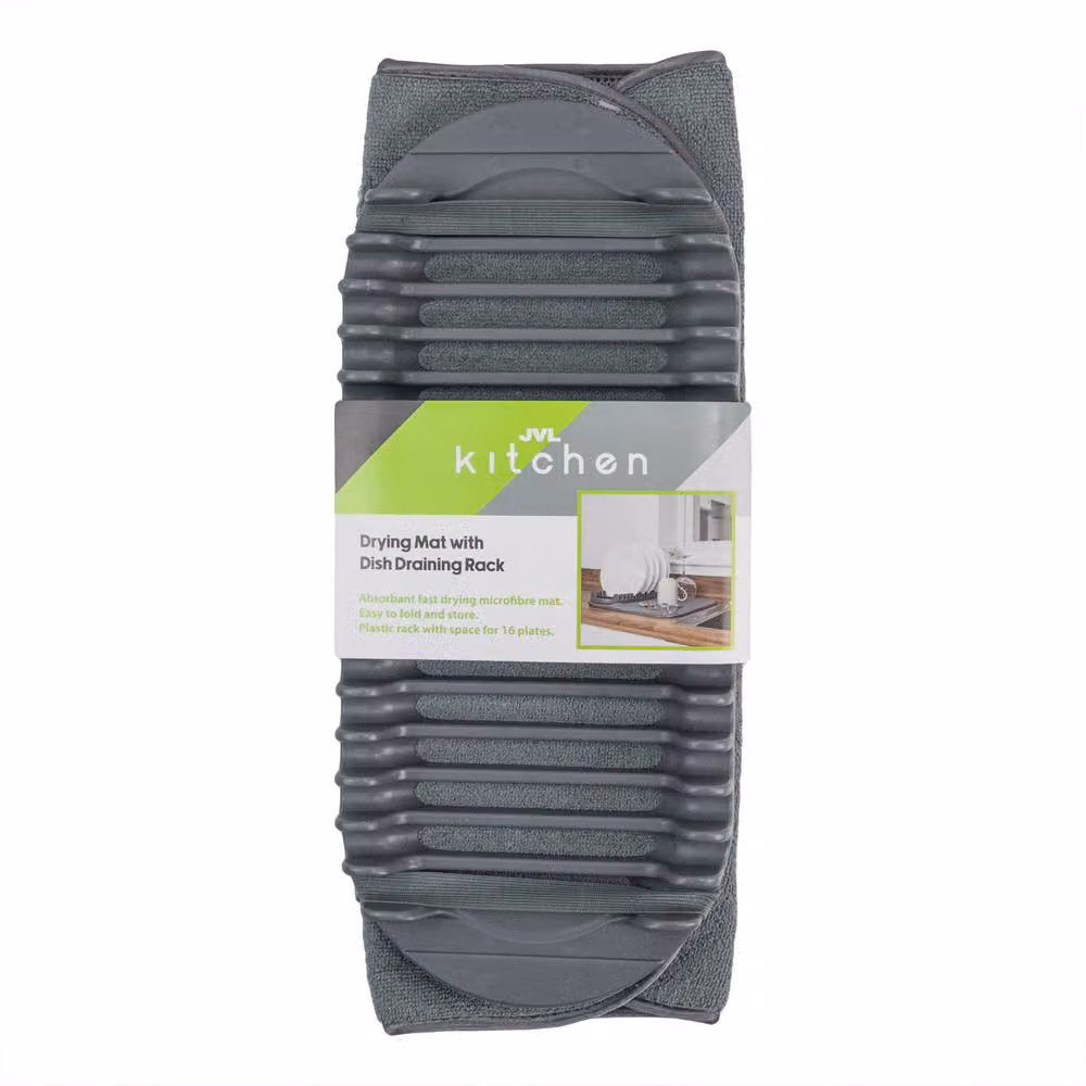 JVL Sesha Foldable Dish Drying Rack and Microfibre Mat Set in Grey – 4