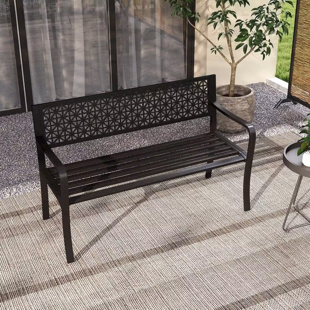 VOGREX Black Modern Geometric Metal 2-3 Seater Patio Garden Bench, Width: 127 cm – 3