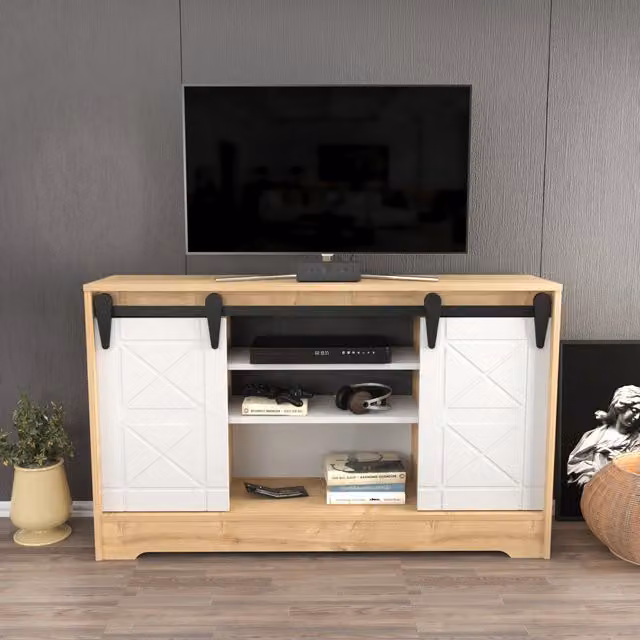 Decorotika Nisay Barn Door TV Unit in Oak and White for TVs up to 140 cm