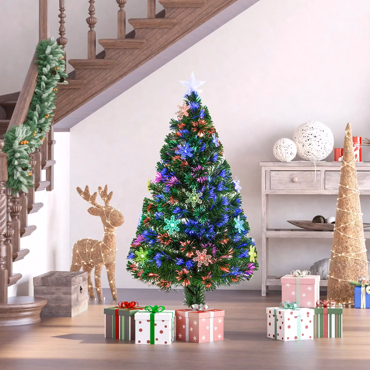 HOMCOM Green Fibre Optic Artificial Christmas Tree with Colourful RGB LED Lights – 7