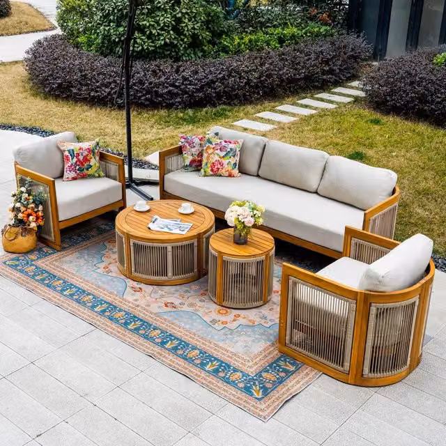 MIMO Outdoor Acacia Wood Three-Seat Sofa Set with Rope Detailing in Natural and Sand/Beige – 1