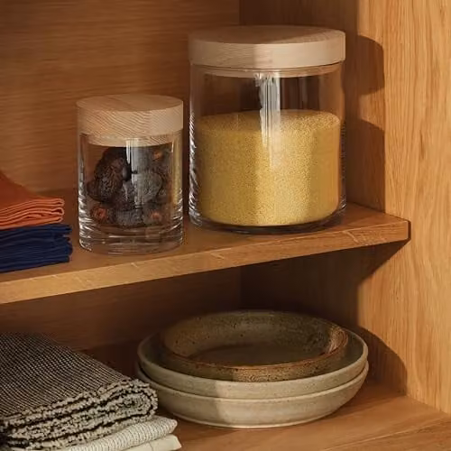 LSA International Lotta Glass Container with Ash Wood Lid, Transparent, W: 18 cm, H: 14 cm