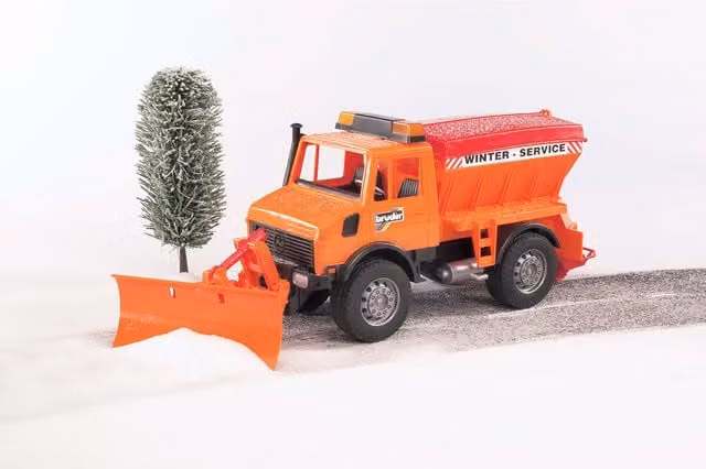 Bruder Mercedes MB Unimog Winter Service Municipal Snow Clearance Vehicle with Plow Blade, Orange, 1:16 Scale