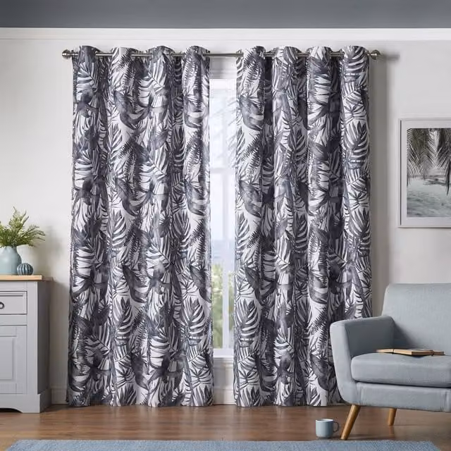 Luxury Living Grey Graphic Nature Thermal Insulating Eyelet Curtains, Width: 168 cm, Drop: 137 cm