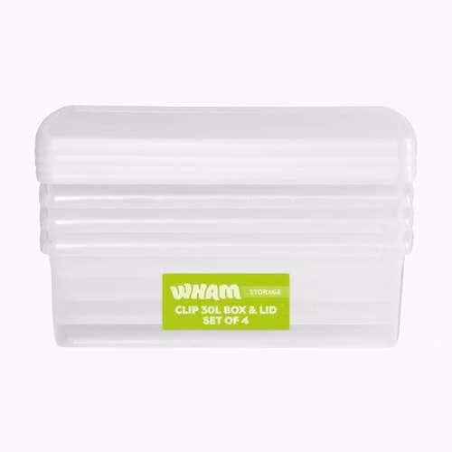 Wham 4 x 30L Rectangular Stackable Plastic Storage Boxes with Lids, Transparent