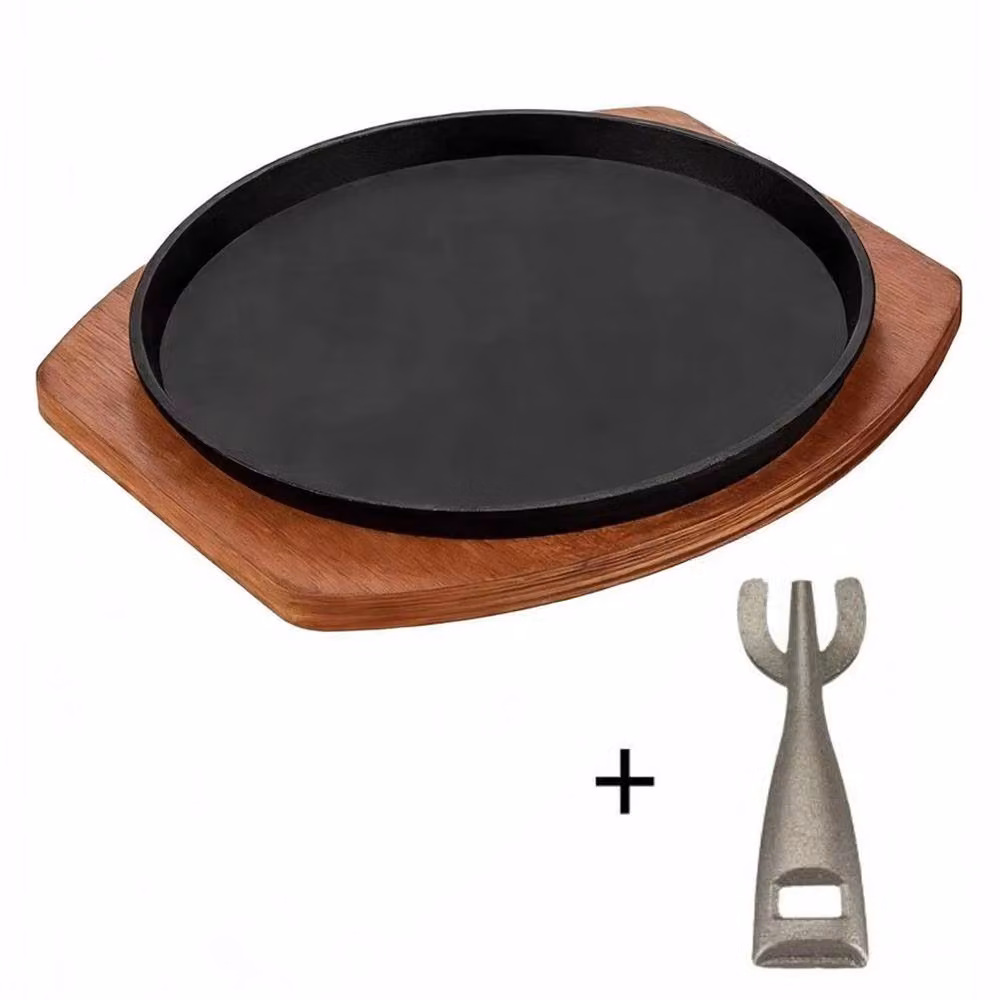 VOGREX 10 inch Cast Iron Sizzle Plate with Wooden Base in Brown – 2