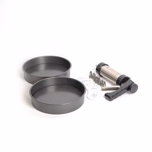 MasterClass 24pc Grey Non-Stick Baking Set with 2x 20cm Round Sandwich Pans, Icing Gun, 8x Stainless Steel Nozzles and 13x Cutters