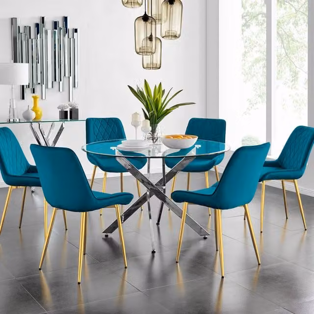 FurnitureboxUK Novara Gold Round Glass Dining Table and Six Pesaro Gold Leg Chairs in Blue
