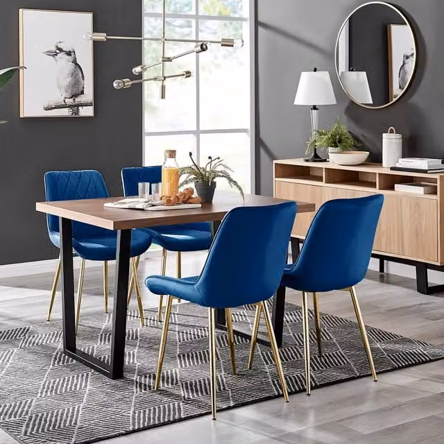 FurnitureboxUK Kylo Brown Wood Effect Dining Table and 4 Navy Pesaro Gold Leg Chairs