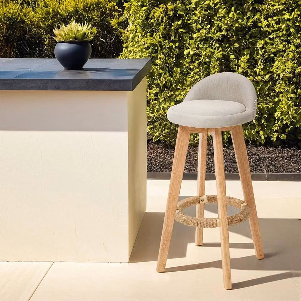 EONLION Set of 2 Beige Fabric Padded Wood Bar Stools with Backrest and Rubberwood Frame, Height: 100 cm – 3