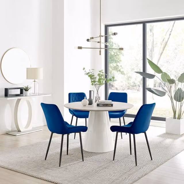 FurnitureboxUK Palma Beige Stone Effect Round Dining Table and 4 Pesaro Black Leg Chairs in Navy