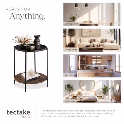 tectake Round Side Table with 2 Shelves and Metal Frame in Black and Brown, Ø 45.5 x H 54.5 cm – 8