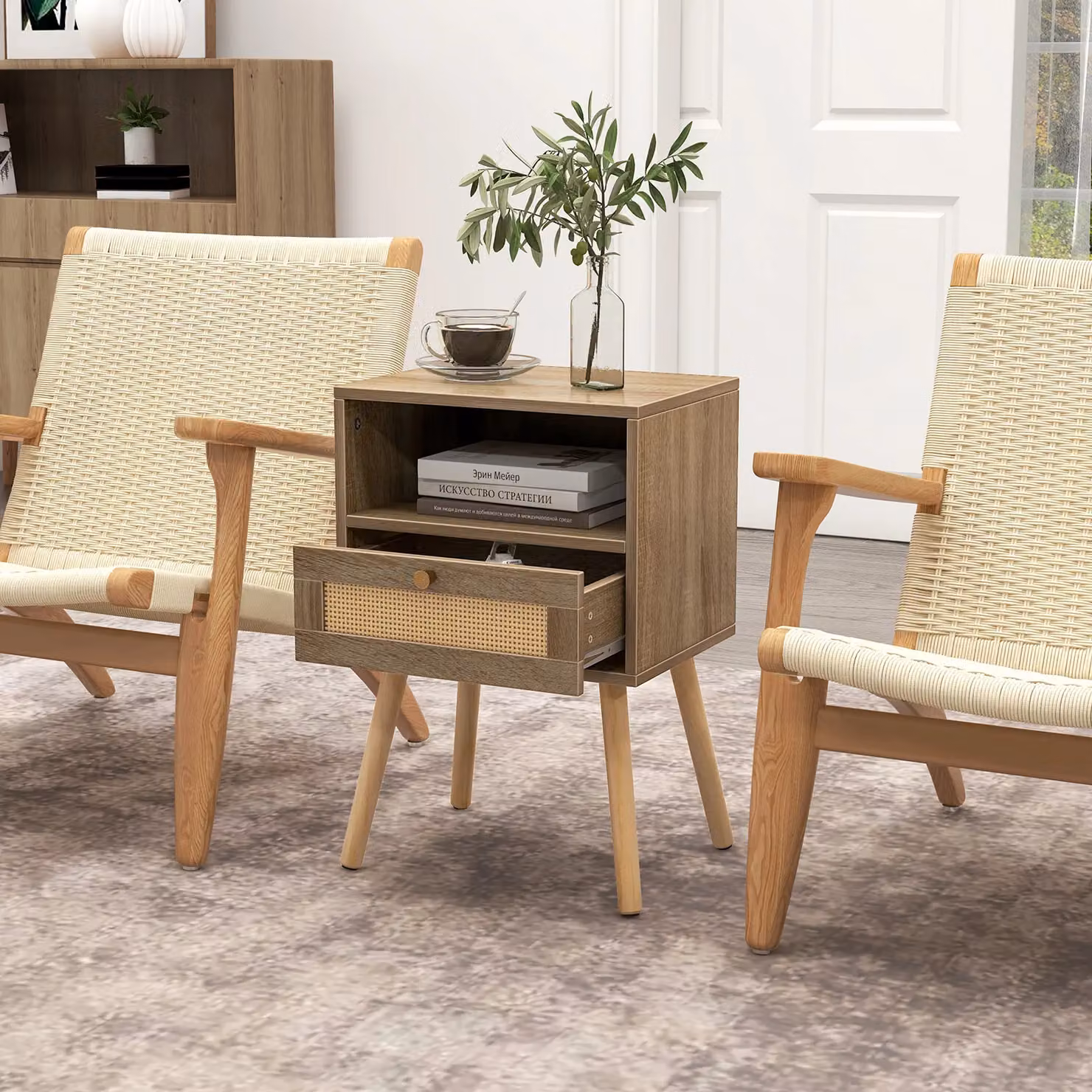 Costway Set of 2 Boho Rattan Nightstands in Natural Oak and Sand Brown – 2