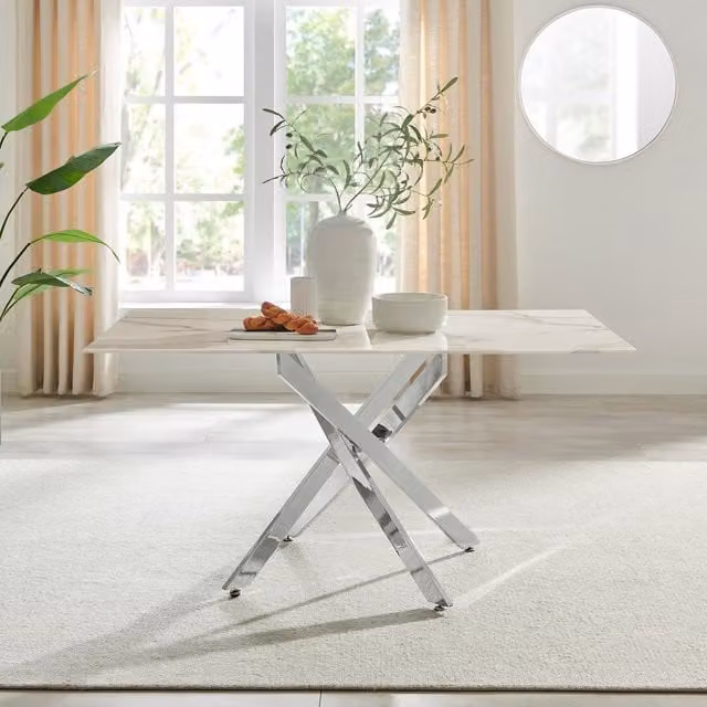 FurnitureboxUK Leonardo 6-Seater Rectangular Dining Table with White Marble Effect Glass Top and Silver Metal X-Frame Legs