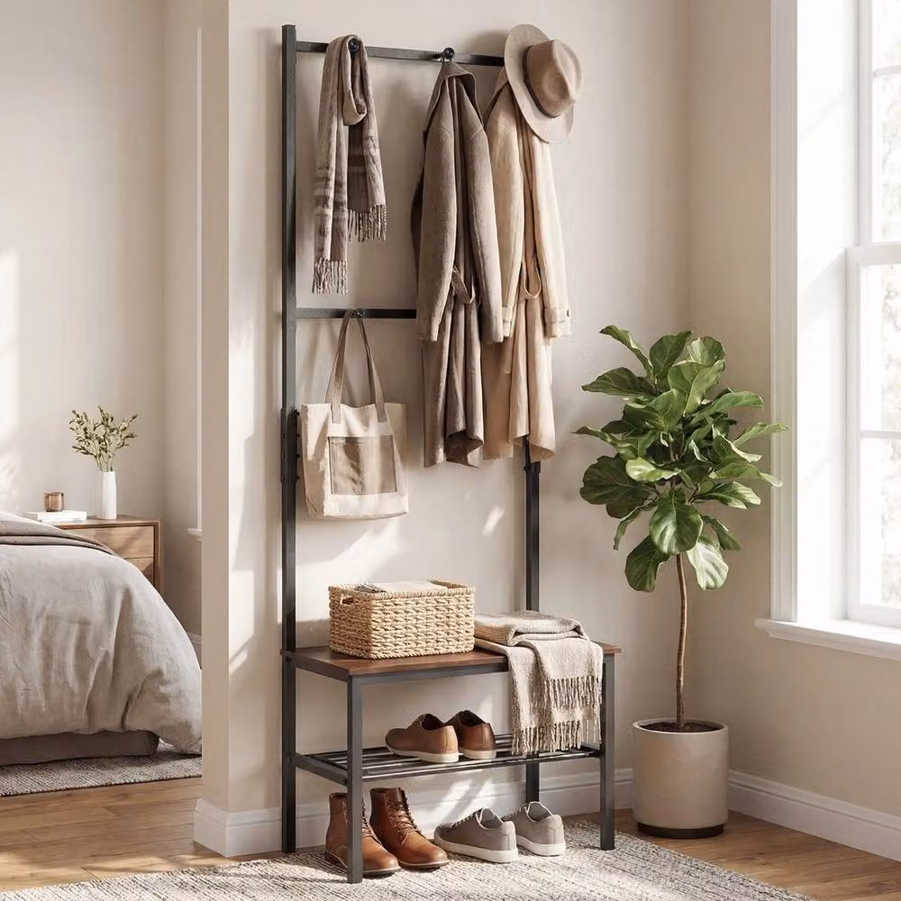 KORVIXA Industrial Hallway Hall Tree with Bench and Shoe Rack, Brown – 3