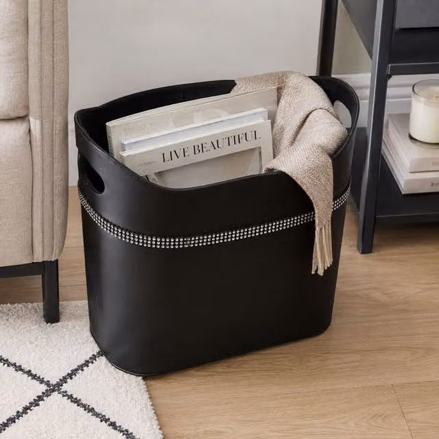 Orsina Diamante Black Faux Leather Rounded Storage Box with Handles