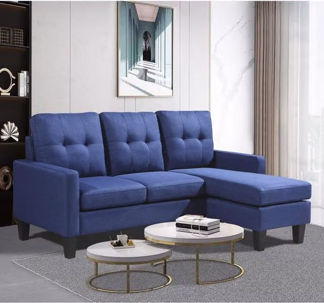 Kosy Koala Reversible Blue Fabric Corner 3 Seater L-Shape Sofa with Matching Ottoman