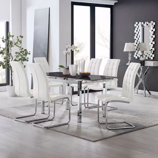 Furniturebox Enna Black Glass Extending Dining Table and 6 Murano White Chairs