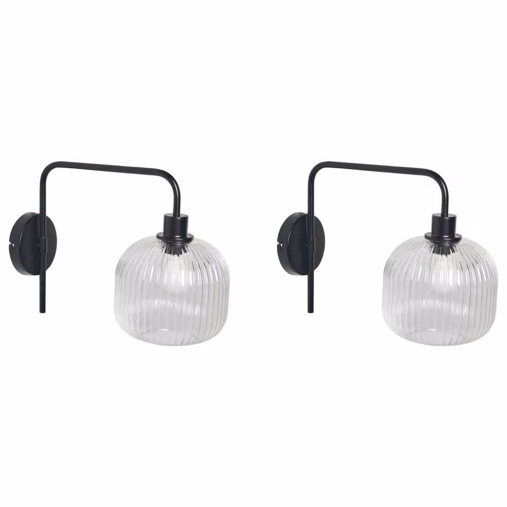 Wyld and Coco Pair of Black Metal Industrial Wall Sconces with Transparent Glass Cylinder Shades – 2