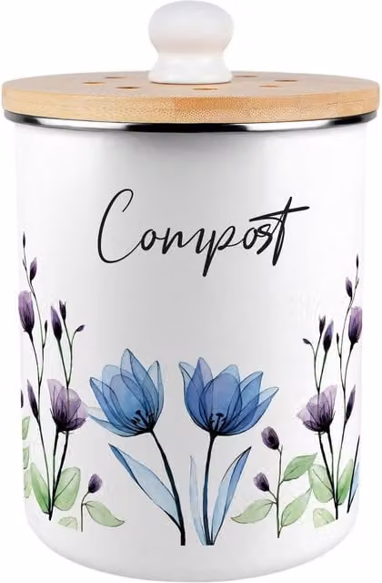 Purely Home Blue, Purple and White Floral Enamel Metal Kitchen Compost Caddy with Removable Inner Bucket and Odour Filter, 2L, H 22.5 x W 16.5 x D 22.5 cm – 1